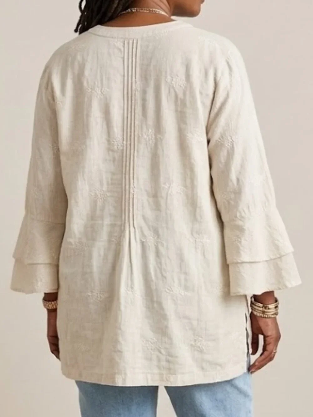 Antibes Blanc Cream Linen Embroidered Flare Sleeve Pintuck Tunic Plus Size 3X